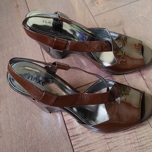 Next women brown patent Wedge strappy Sandals 7‎